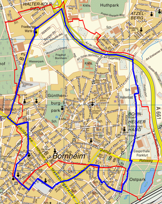 Stadtplan mit Grenzen des Kirchortes